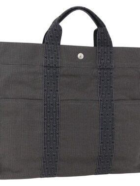 HERMES Her Line Tote MM Hand Bag Canvas Gray Silver Auth 172061
